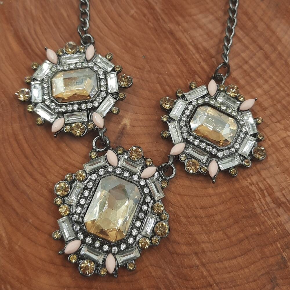 Light Yellow and Pink Cabochon Statement Necklace Gunmetal Gray Chain